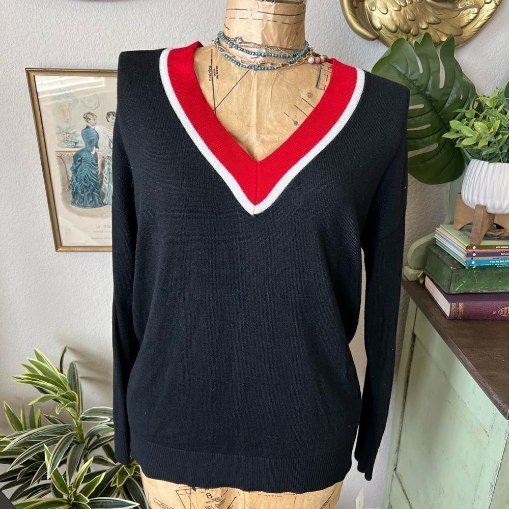 Maison Jules NWT Black Red White V Neck Sweater Wool Alpaca Polyester Blend Sz M
